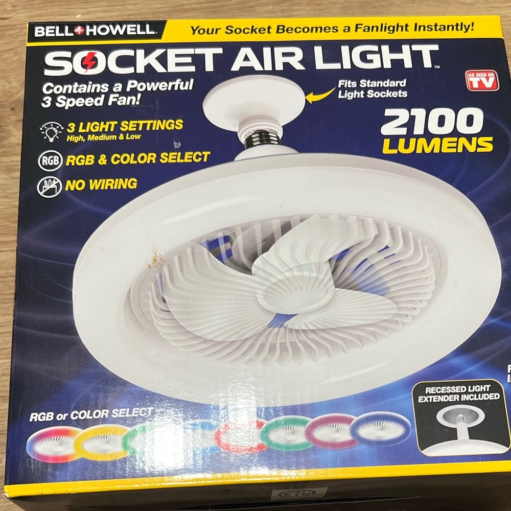 New Bell+Howell Socket Air Light and Fan with Remote RGB or color select